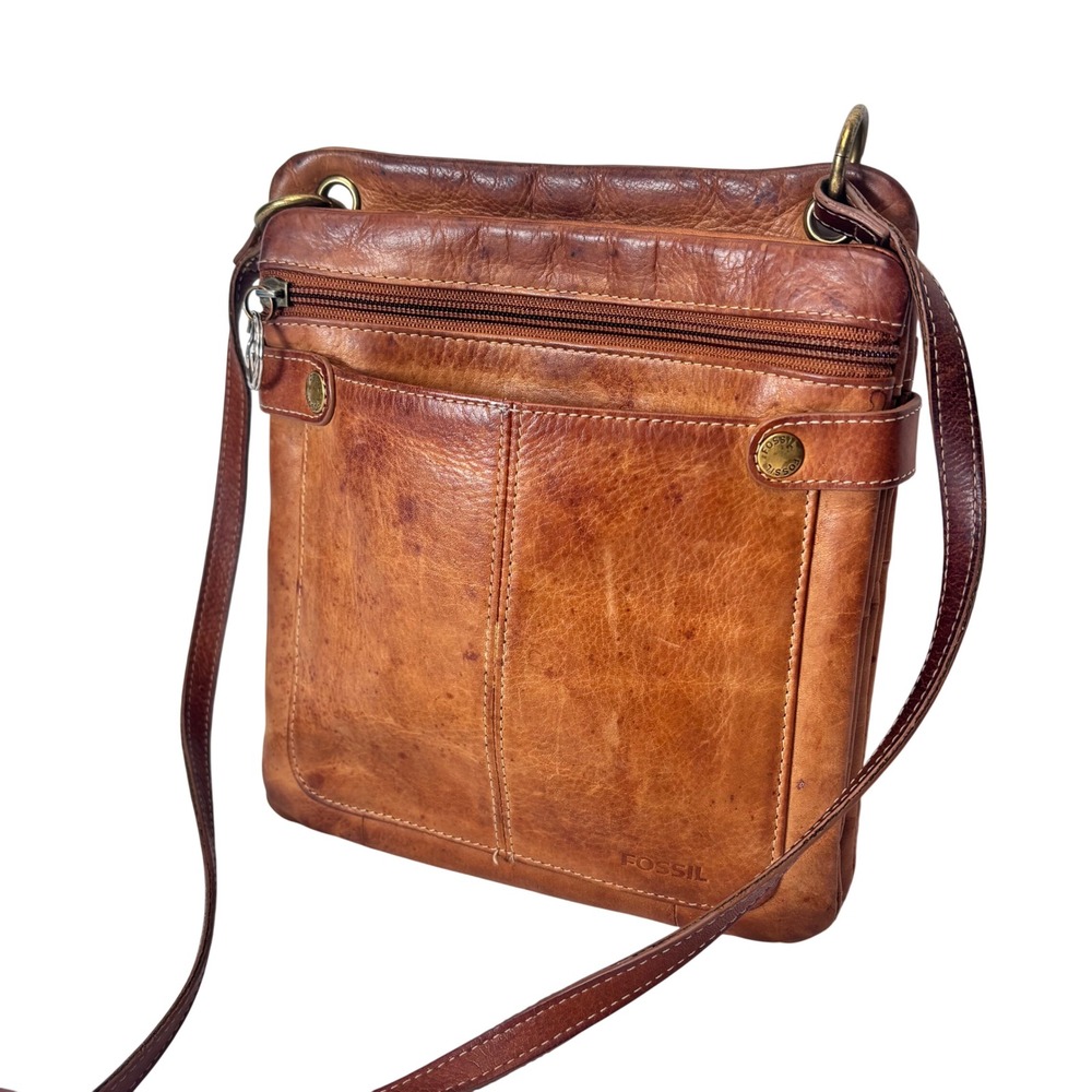 VTG Fossil Crossbody Bag Brown Leather Card Pocket Organizer Small Boho Hippie - Picture 3 of 12